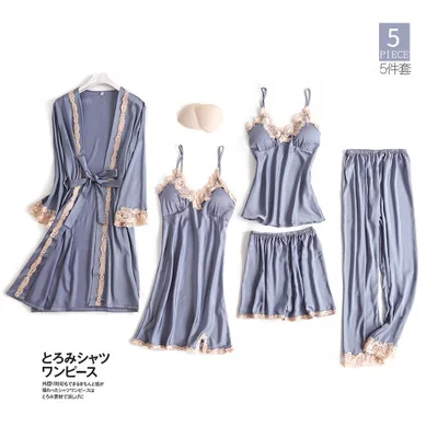 gray blue Daeyard/женская пижама, Шелковый пижамный комплект из 5 предметов, атласная пижама с аппликацией, Сексуальная кружевная Пижама, халат, одежда для сна, домашняя одежда - Цвет: gray blue