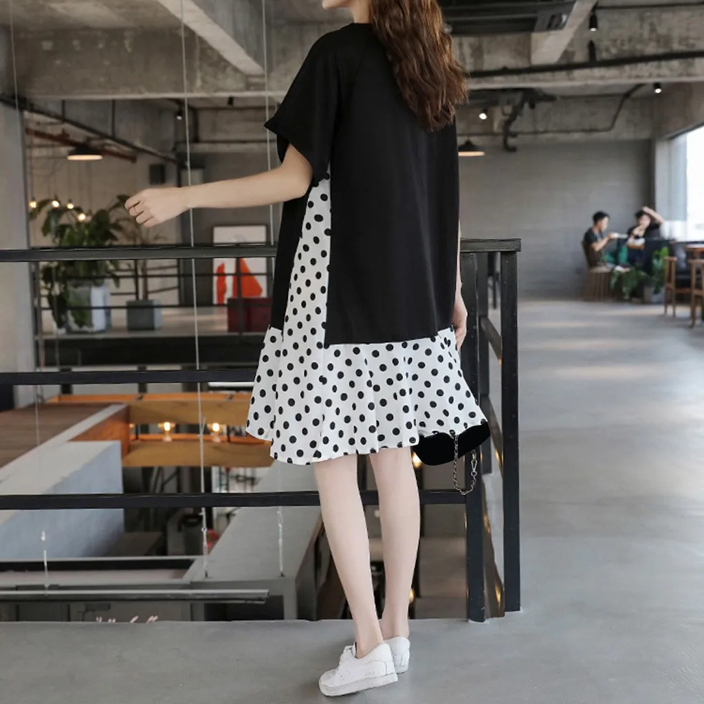 Женское платье в горошек с коротким рукавом и круглым вырезом | Женская одежда