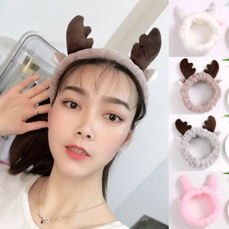 Cute Spa Bath Shower Makeup Wash Face Bow Headband Coral Fleece Hair Band Christmas Antler Headbands | Дом и сад