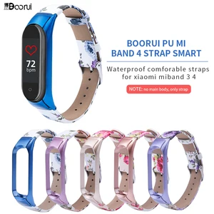Ремешок BOORUI для Mi Band 3, 4, 5, 6, из искусственной кожи, с металлическими цветами, с нержавеющим чехлом