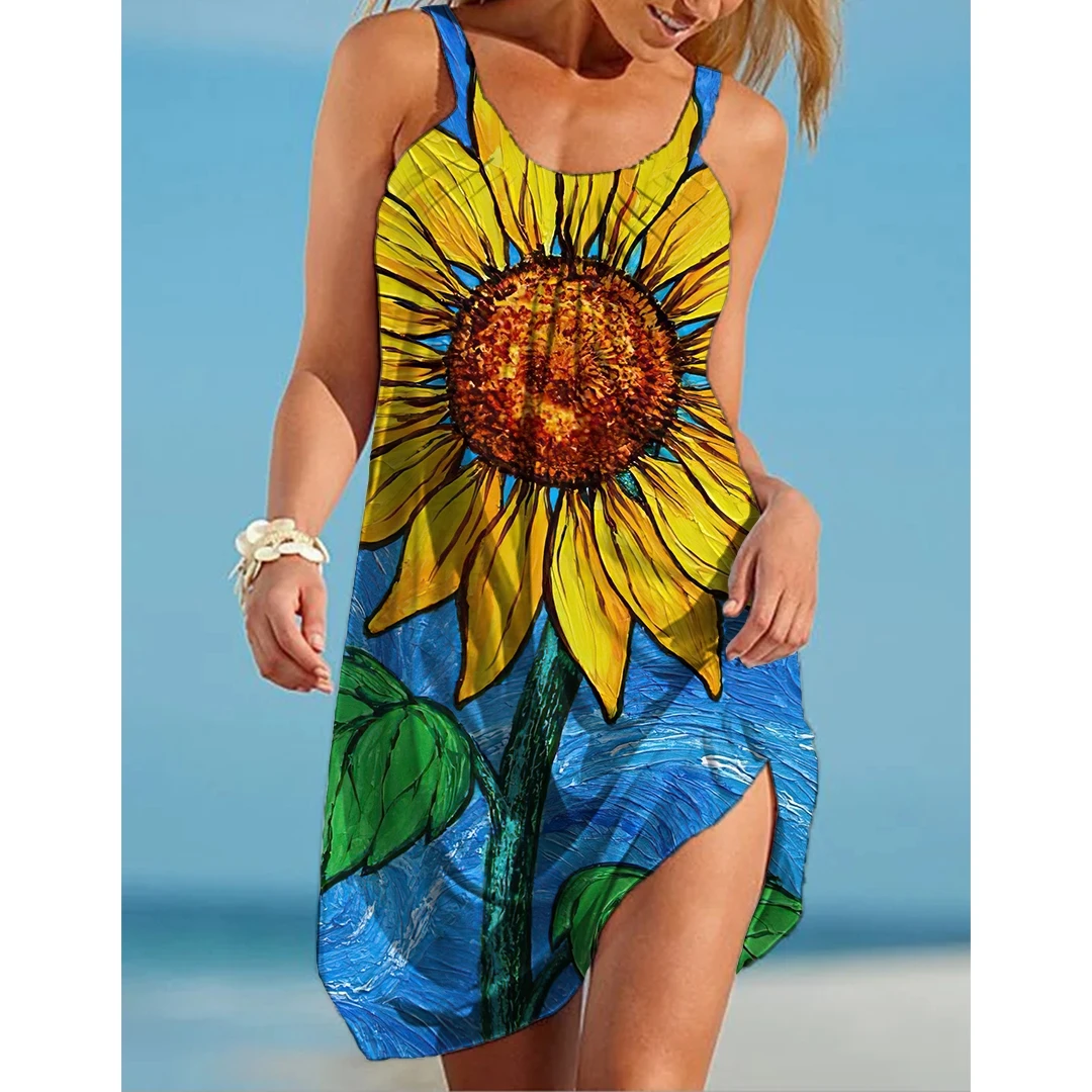 Sunflower Parrot Print Strap Mini Beach Dress Women Boho Summer Sexy Floral Dress Sleeveless Party Evening Dresses Hem Camisole images - 6