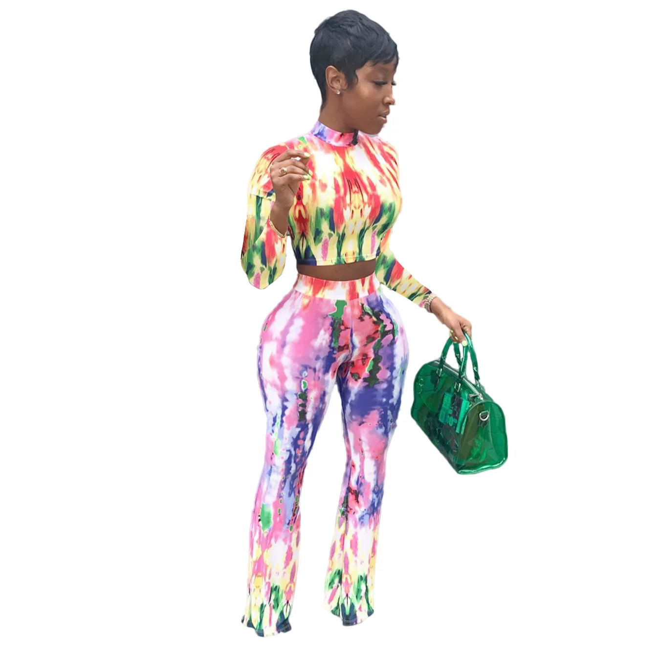 

Weigou Women's Suit Tie-Dye Long Sleeve Long Pants Two-Piece Set Autumn Slim Pullovers Suit Round Neck Tops with Flare Pants