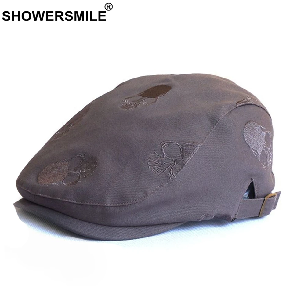 SHOWERSMILE Summer Cotton Hat Men Flat Cap Embroidery Skull Adjustable Male Beret Hats Black Fashion High Quality Ivy Caps