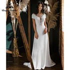 Винтажное свадебное платье с коротким рукавом, кружевной аппликацией и V-образным вырезом
