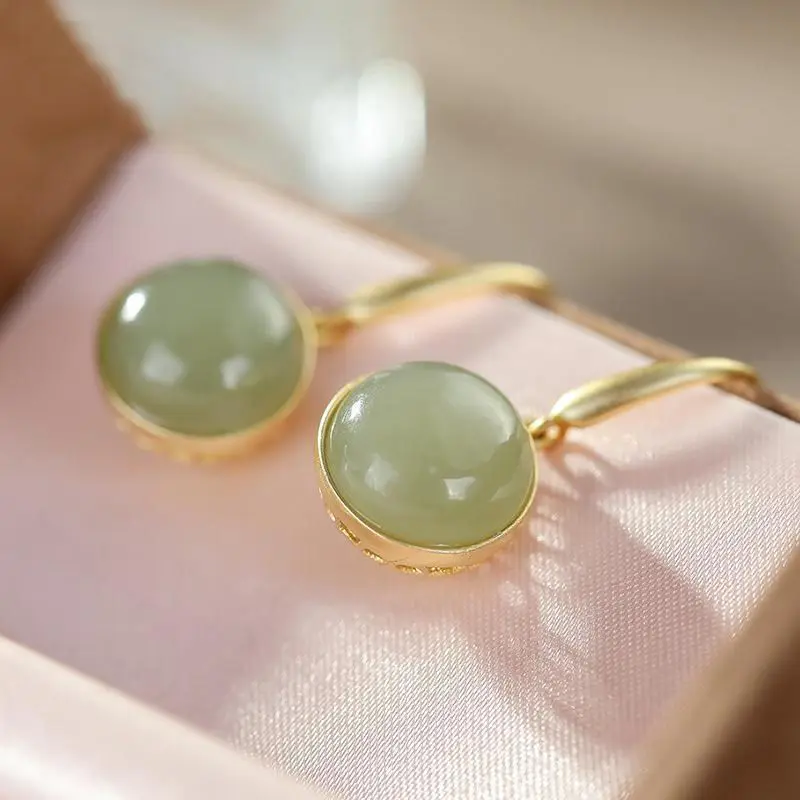 

Natural Hetian jade round bead earrings Chinese style retro national light luxury elegant noble new women's silver jewelry