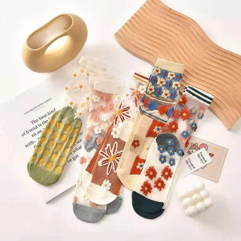 

Super Hot Ladies Fashion Silk Socks for Ultra-thin Print Flowers Transparent Summer New Pile of Socks Woman Cute irregular Socks