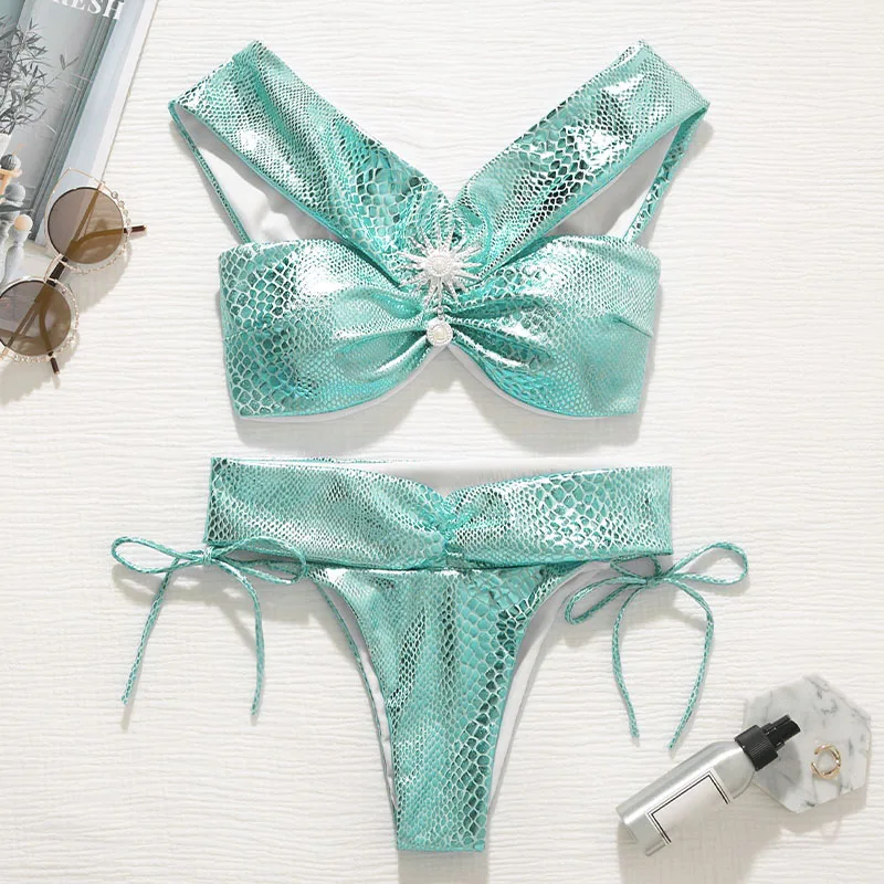

Shiny swimsuit female Sexy snake bikinis 2021 mujer Tie side swimwear women Summer Metallic bathing suit Swimming suit new