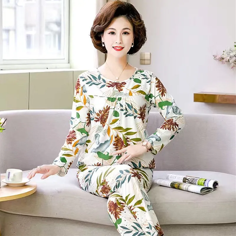Fdfklak Middle Aged Mother Long Sleeve Trousers Suits New Printed Loose Women Pajama Lounge Wear Cotton Women's Nightwear M-4XL
