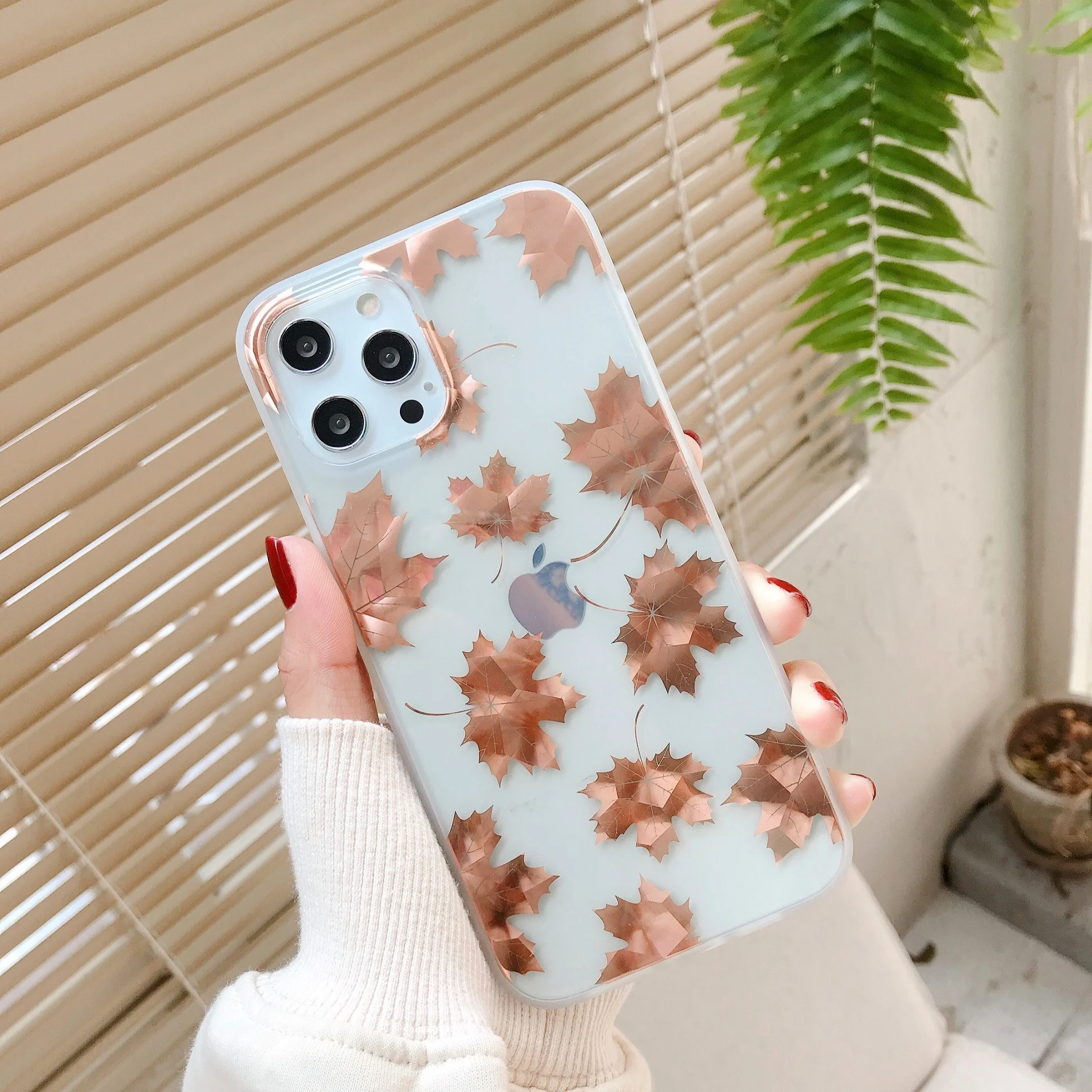 

Fashion plating Silicone Tree Leaves maple leaf Print Phone Case For iPhone SE 2020 8 7 Plus XS X XR 12 Mini 11 13 Pro Max Cover