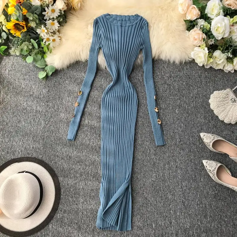 ALPHALMODA французское платье Популярные пуговицы рукав пуловеры туника платье вязаный свитер платье сплошное v-образным вырезом сексуальное платье шаг