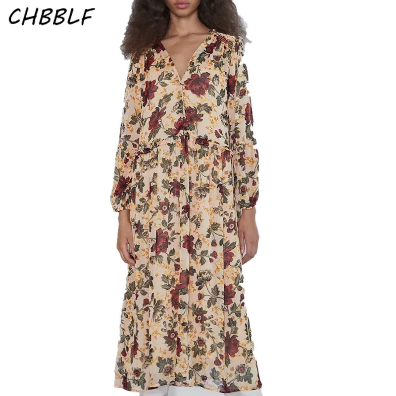 

Женское миди-платье с оборками CHBBLF, платье с v-образным вырезом и рукавом три четверти, платья до середины икры, XDN9001