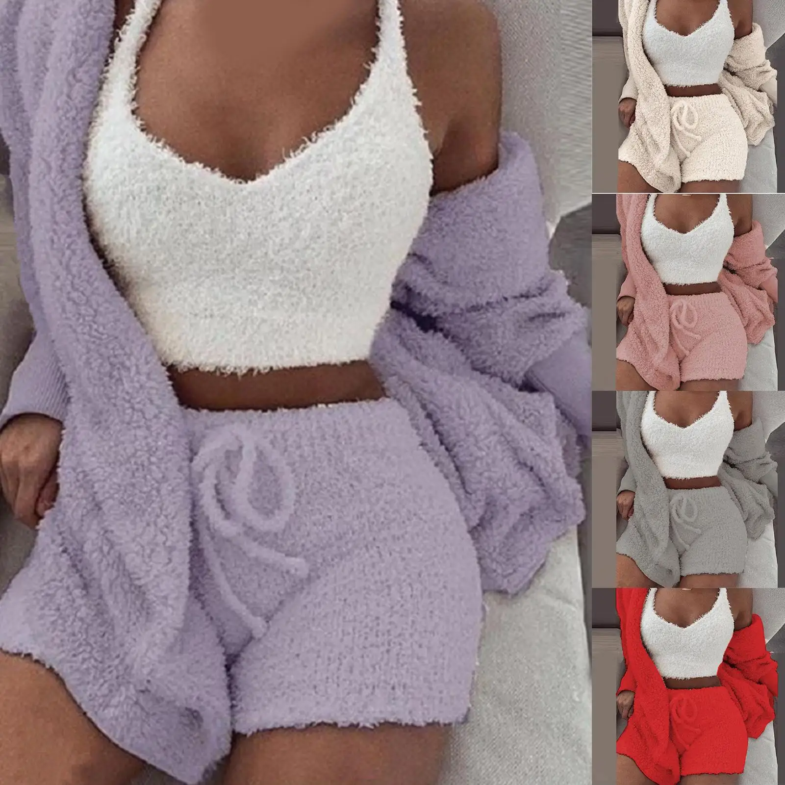 

Autumn Winter Women Plush Sexy V-Neck Vest Shorts Long Sleeve Jacket Coat Set