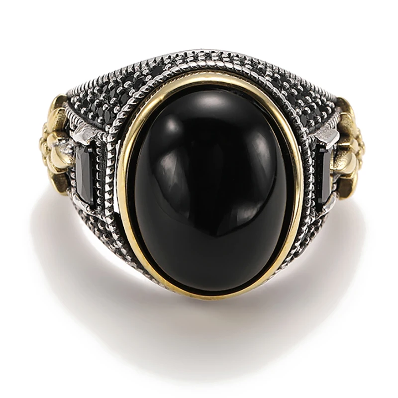 Mature Men's Classic Personality Black Oval Stone Ring Hip Hop Jewelry Gift Textured Flower Single |