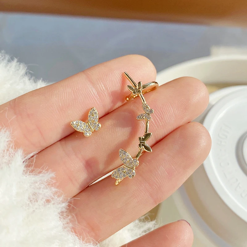 

Trendy Elegant 14K Real Gold Plated Asymmetric Butterfly Ear Clip for Women Top AAA Shiny Zircon S925 Silver Needle Stud Gift