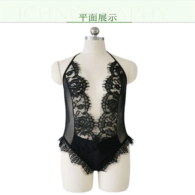 

Plus Size Eyelash Lace Patchwork Deep V Bodysuit Women Sexy Transparent Lingerie Babydoll Erotic Halter Neck Female Underwear