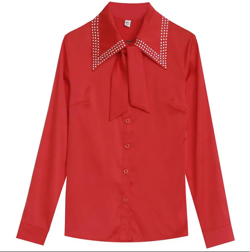 

Long Sleeve Women Spring Diamonds Turn down collar Single Breasted Shirts Neckline Lace Up Slim Fit Ladies Fashion Blouse r959