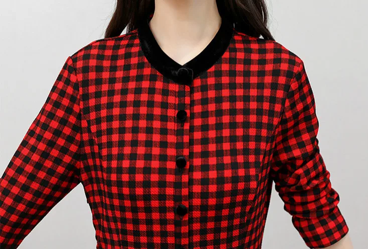 

M-3XL Plus size Casual Autumn Winter Long Dress Vintage Button Red 2/3 Sleeve Plaid Slim Dress Office Elegant Lady Party Vestido