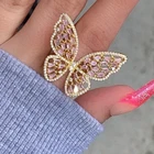 Большое дизайнерское кольцо с бабочкой в европейском стиле Стразы розового цвета дизайнерское кольцо с насекомым милые ювелирные изделия подарок принцессы