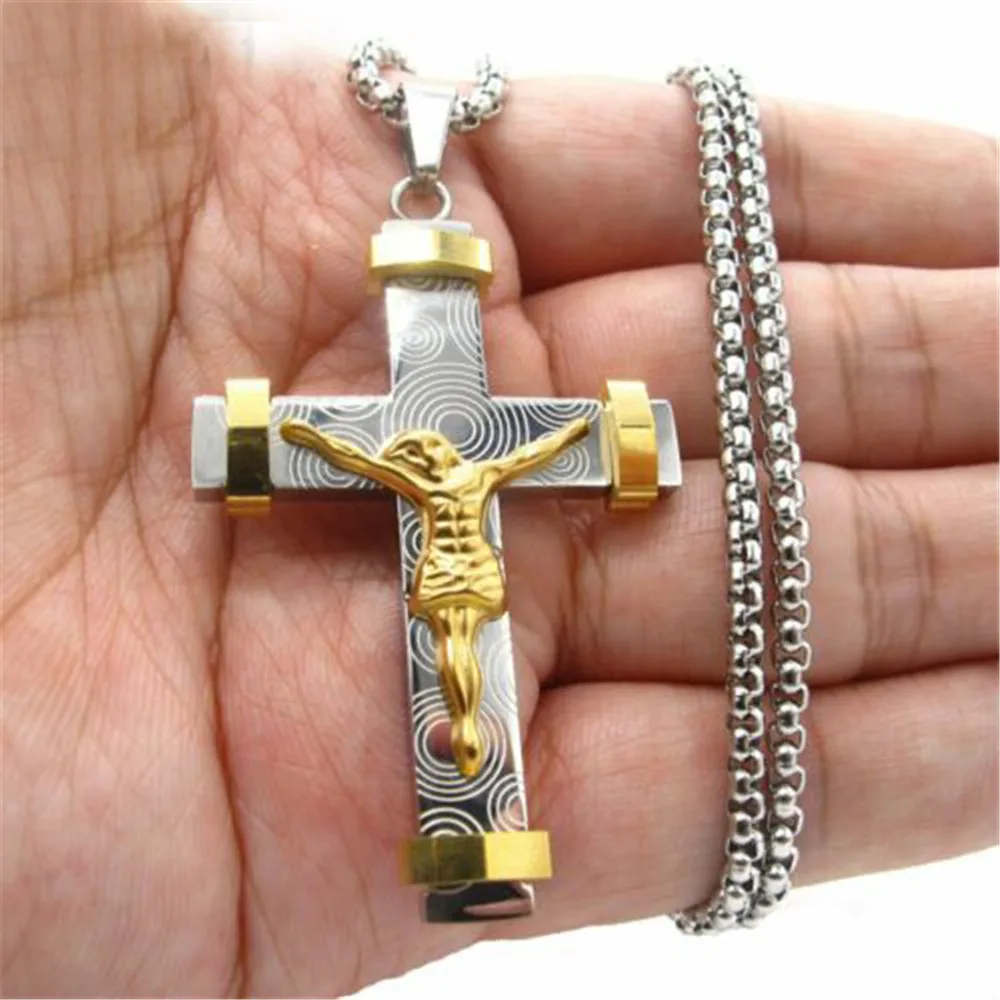 

Mens Titanium Gold Cross Catholic Crucifix Pendant Necklace For Men Women