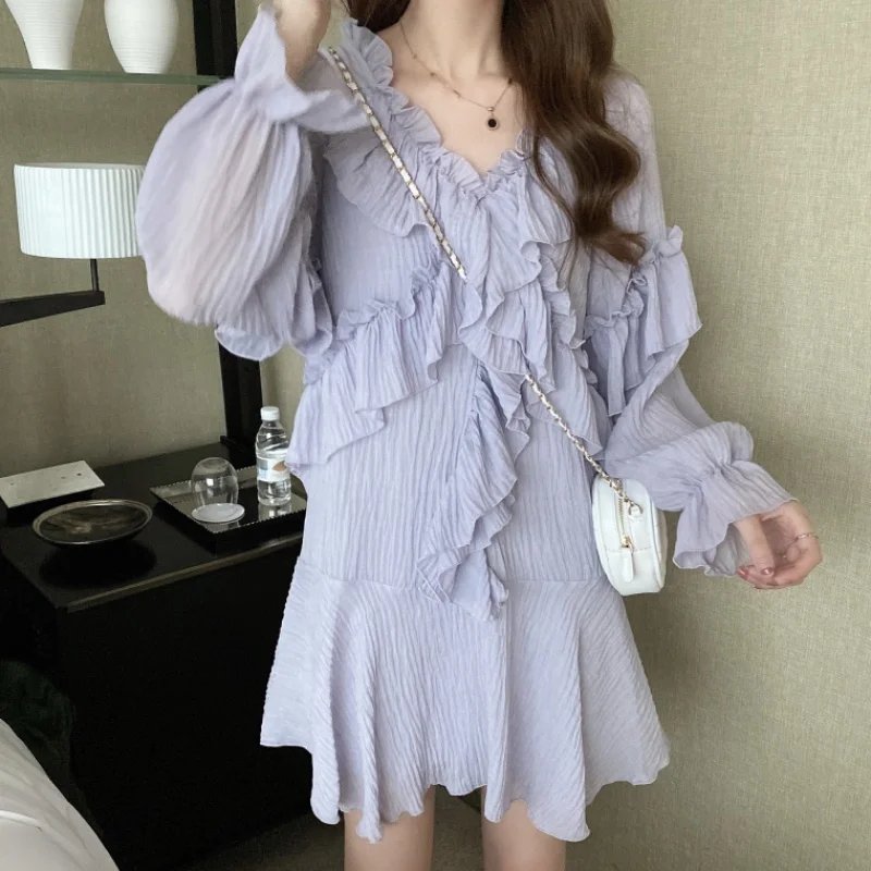 

Summer Women's Dress Chiffon New Korean Style Ruffles Loose Solid Color Pleated Soft Long Sleeve Female Vestidos PL293