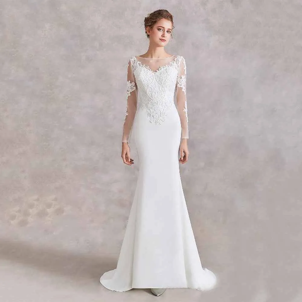 

Modest Mermaid Wedding Dress Button Back Jersey Illusion Long Sleeve Elegant Applique Scoop Floor Length Formal Bridal Gown