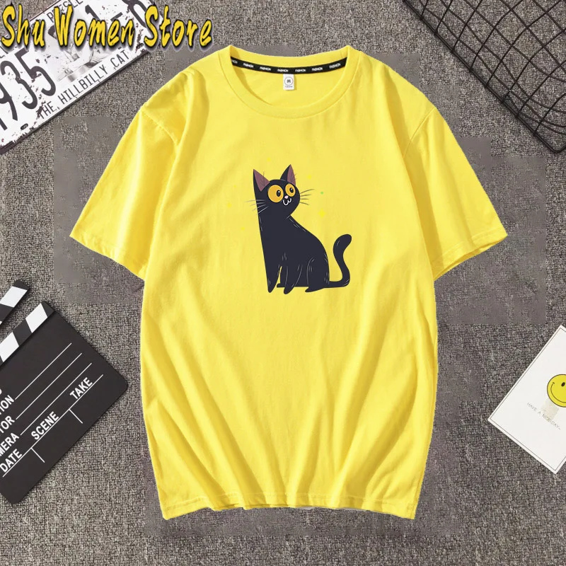 Черная футболка в стиле Харадзюку женские топы с принтом виде мультяшного кота и