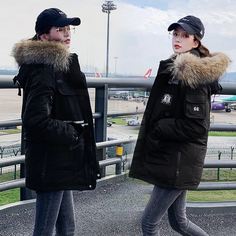 

Hirsionsan Winter Coats Women Down Jacket Parka Patchwork Real Fur Collar Thicken Pocket Female Cold Protection Cotton Clothes
