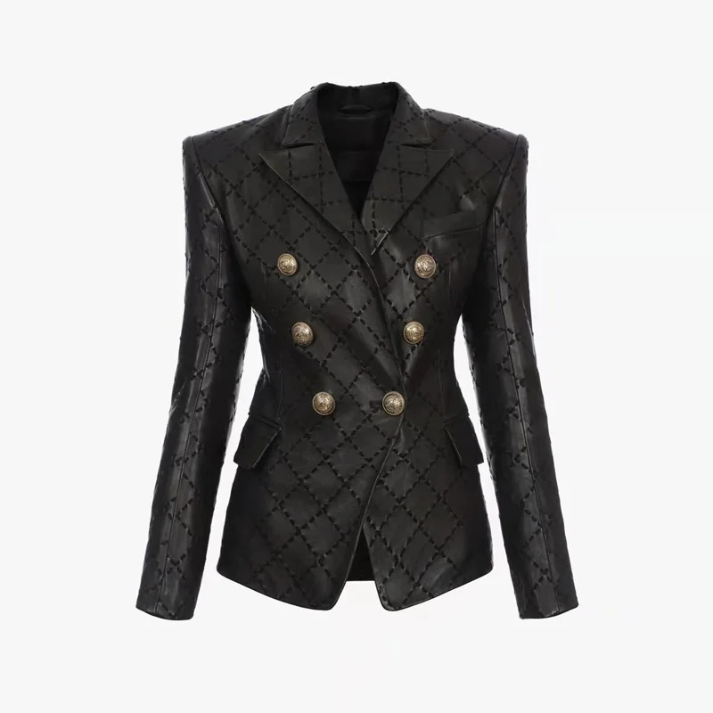 

New Brand Women Coat Spring And Autumn Short Genuine Leather Jacket Turn-Down Collar Business Suit Diamond Grid Pattern FN00121