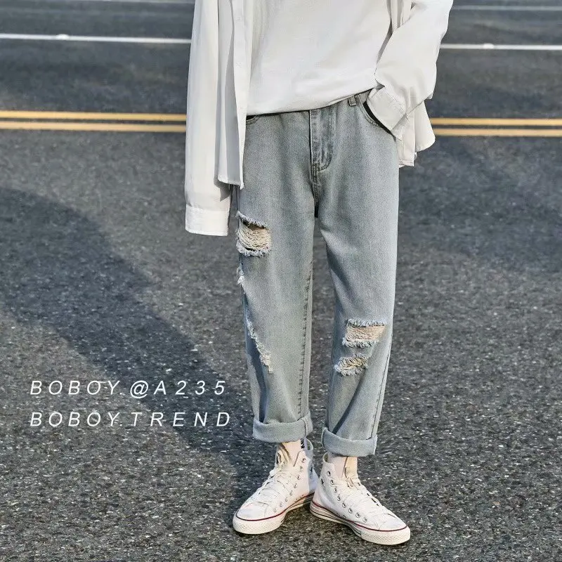Ripped jeans men's wide-leg loose trend light-colored nine-point pants all-match straight-leg pants men