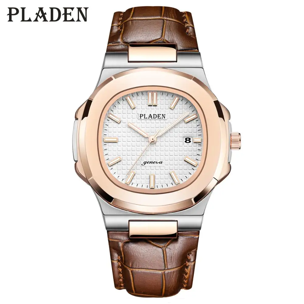 

PLADEN Leisure Style Mill Luxury Brand Fashion Rose Gold Watches Men Genuine Leather Casual Geneva Quartz Watch For Men's Gift