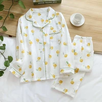 214 cotton korean sleepwear lemon print pajamas for women summer 2021 pyjamas girls pijama pant long sleeve two piece home suits