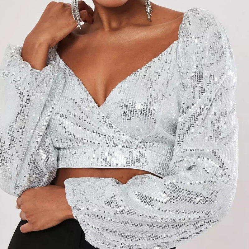 

Sexy V Neck Sequin Tops Women Lantern Sleeve Navel Exposed Crop Tops Long Sleeve Sequined Party Top Streetwear Blusa Mujer