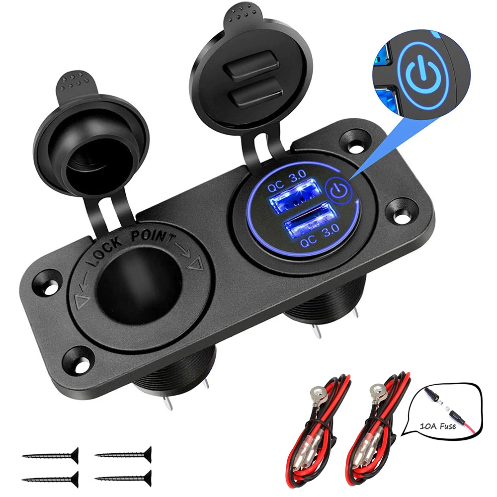 

Quick Charge 3.0 QC3.0 Cigarette Lighter Socket Splitter 12-24V Dual USB Charger Power Outlet with Switch for Car Boat Marine RV