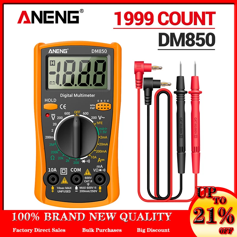 

ANENG DM850 Eletrical Digital 1999 Counts Professional Multimeter Auto AC/DC Votage tester Ohm Current Ammeter Detector Tool