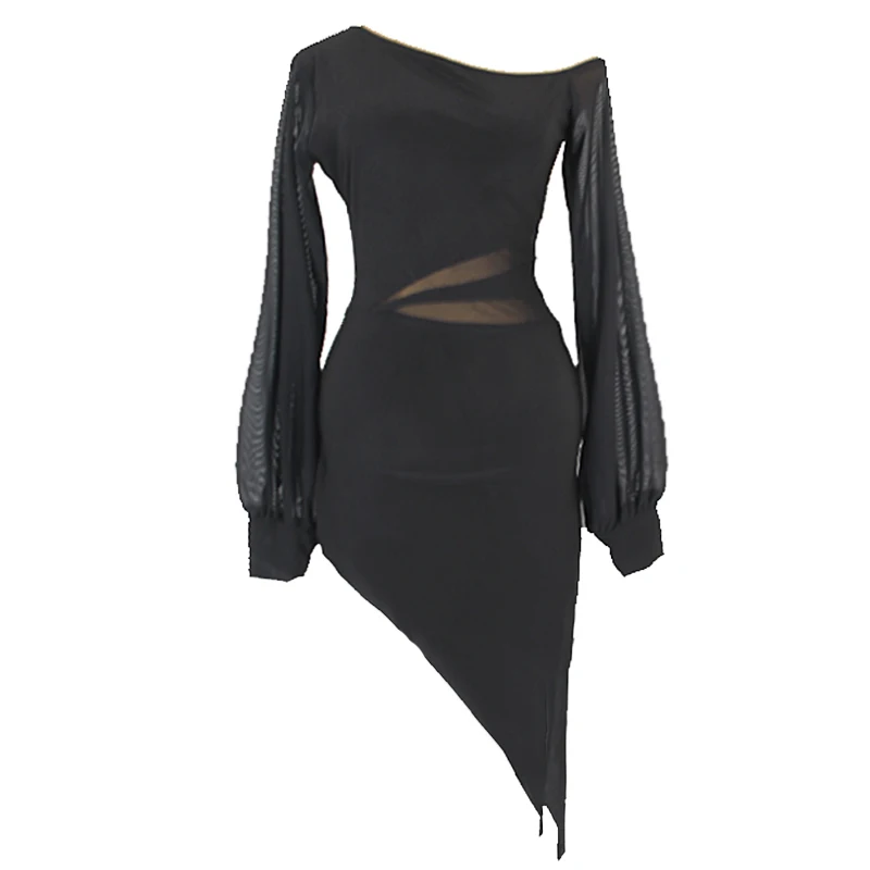 

Latin Dance Dress Women Practice Clothing Oblique Shoulder Puff Long-Sleeve Fall Winter Samba Costume Tango Black Dress DNV14162
