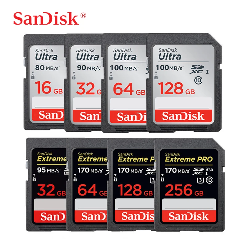 

SanDisk SD Card 16GB 32GB 64GB 128GB 256GB Memory Card 80MB/s U1 170MB/s U3 V30 4K For Canon Nikon SLR Camera Shooting 4K Video