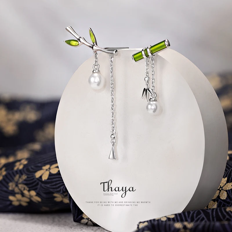 

Thaya Enamel Women Earring Green Bamboo Earring Dangle With Pearl Retro Cute Earrings For Women Silver Earring Fashion Jewelry