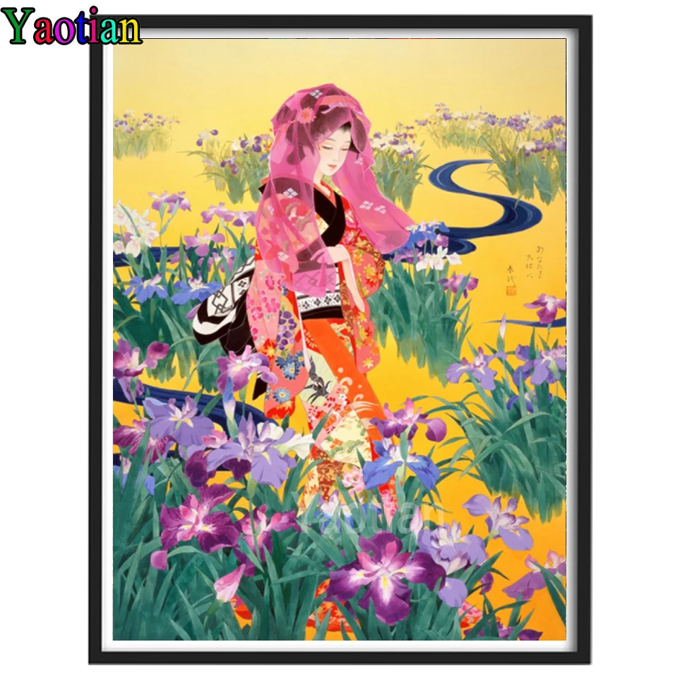 

DIY Diamond Painting Japanese Geisha Woman Mosaic Rhinestone Cross Stitch Full Square /Round 5D Diamond Embroidery Flower