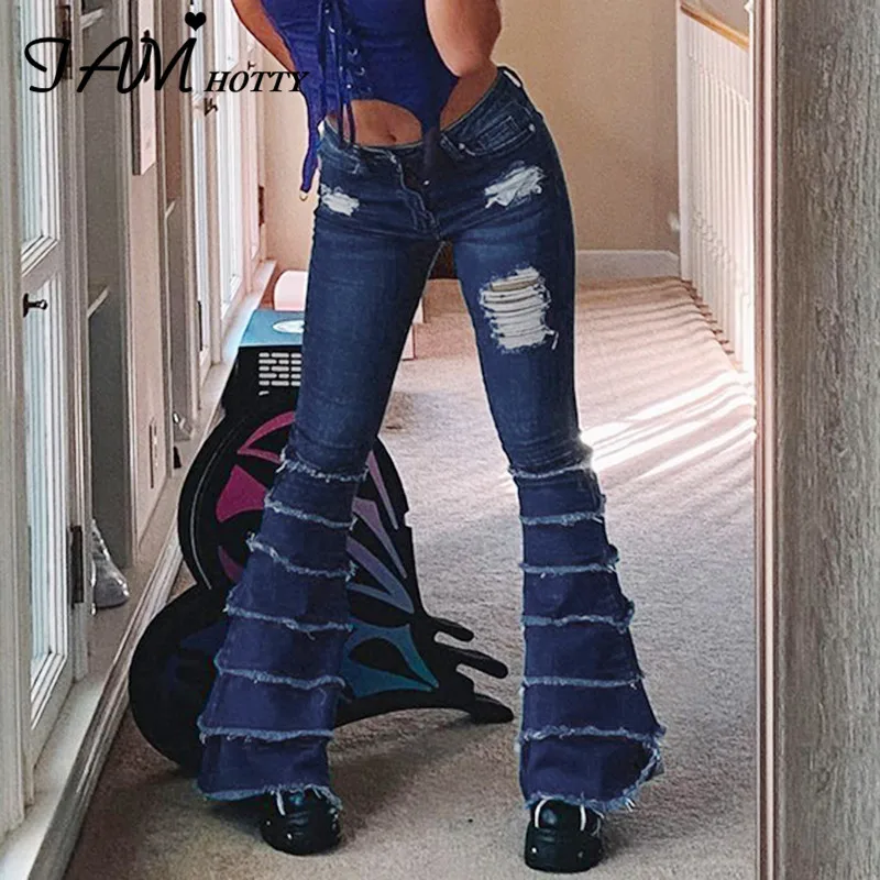 

IAMHOTTY Ripped Burrs Hole Flared Jeans Y2K Aesthetic High Waist Denim Trousers Hip Hop Grunge Pants Mom Vintage Skinny Bottoms