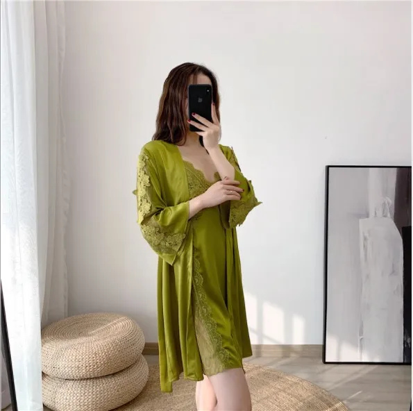 

Fdfklak Summer 2020 New Lingerie Femme Sexy Sleepwear Bathrobe Women Set Silk Nighty For Bride Robe Femme Night Wear