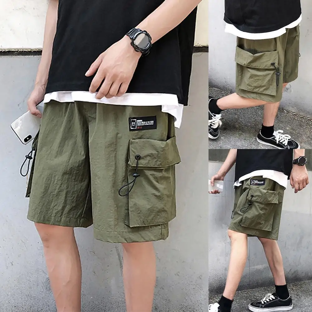 

Men Solid Color Drawstring Elastic Waistband Pockets Fifth Cargo Pants Shorts