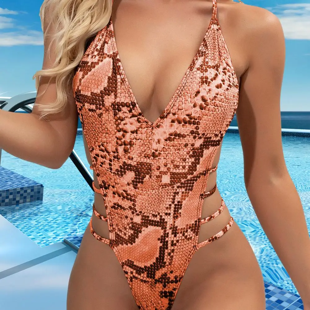 

Swimwear Criss Cross Back One-piece Beach Bathing Suit Gradient Print Sexy One Piece Women Swimsuit Snakeskin Pattern