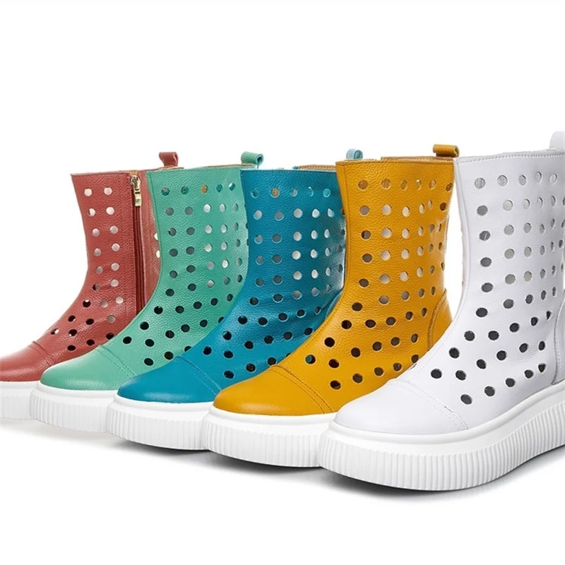 

2021 summer cow leather high tube cool boots hollow breathable thick bottom muffin shoes women