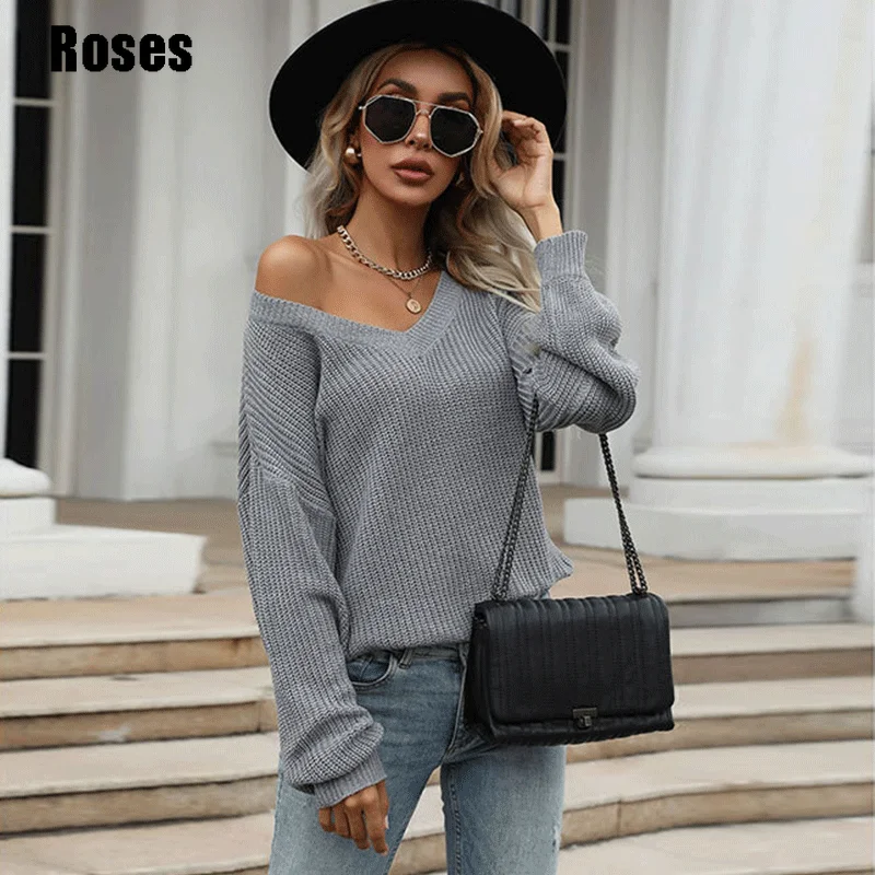 

Женский легкий серый свитер, джемпер с длинным рукавом и V-образным вырезом, Осень-зима 2021, Новое поступление, одежда для дам, Топ