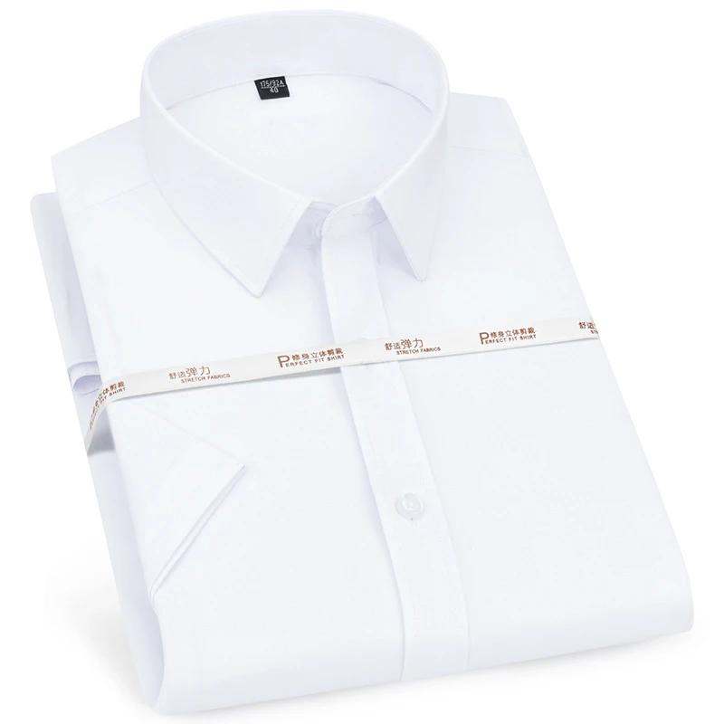 

Белые рубашки для мужчин, 2021, повседневная однотонная мужская рубашка с коротким рукавом, тонкая, эластичная, не железная, Camisas, деловая, Chemise ...