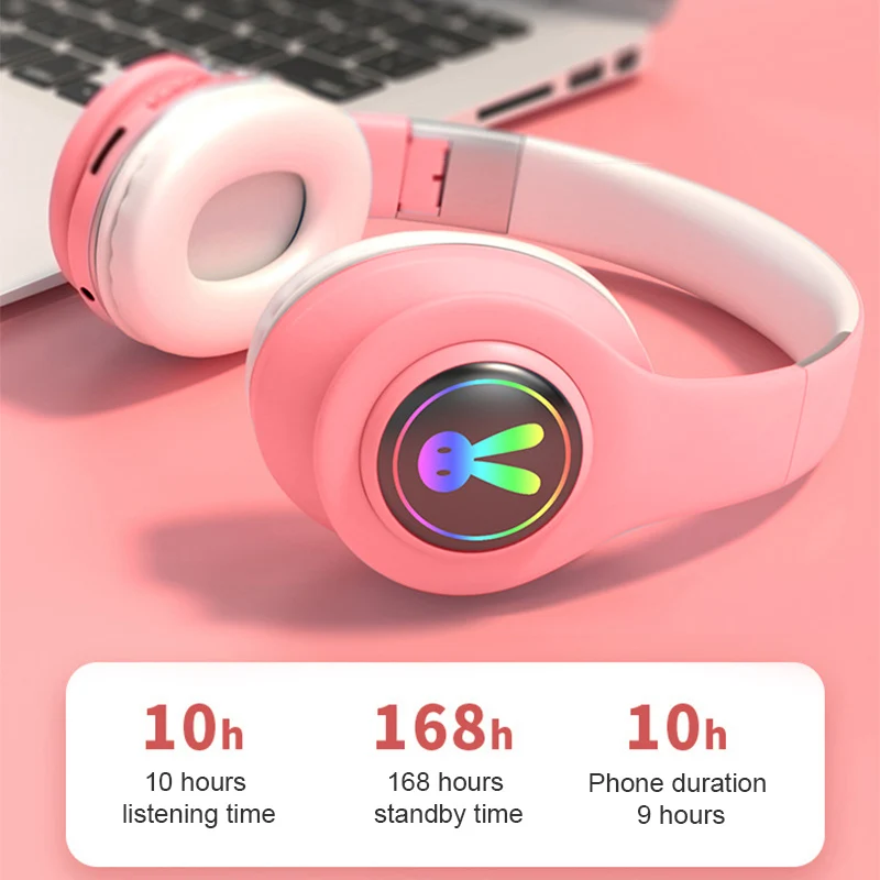 foldable led rabbite wireless kids headphone with microphone cute girls bluetooth music helmet for iphone android xiaomi gift free global shipping
