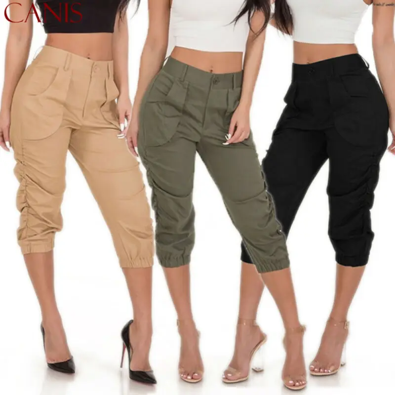 

Solid Color Women Fashion Casual Pants High Waist Female 3/4 Trousers Women Elasticated Waist Capri Cropped Pants