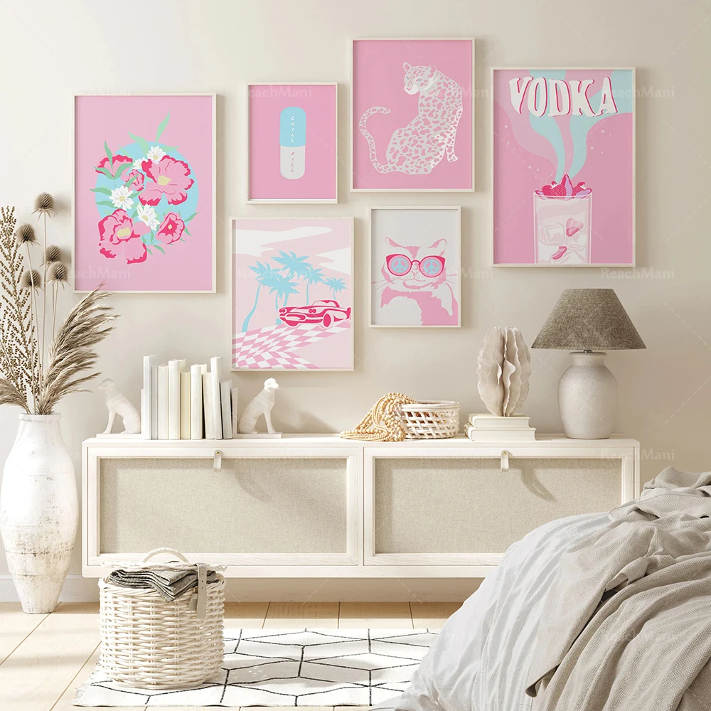 

Fashion gallery wall art print, retro aesthetic art, pink and blue posters Bohemian colorful aesthetic living room decoration