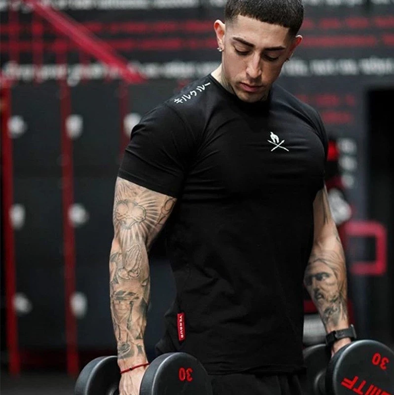 

Men T Shirts Fashion Summer Bodybuilding Letter Printed Tshirt Men GYM Fitness Workout O-Neck Show Muscle