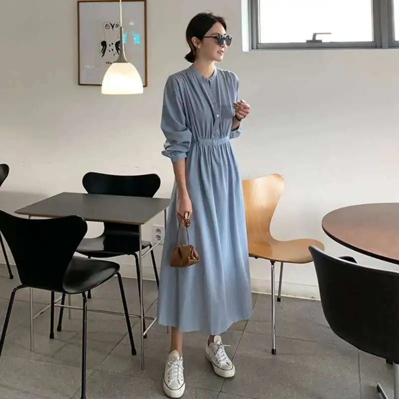 

LANMREM cotton flare waist 2021 autumn new Korean style loose and slim long sleeve blue dress for female fashion tide 2A1627